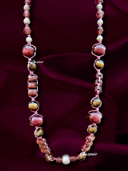 Long Pink Beads With Hand Weaven Finish Necklace