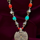 Long Silver Boho Fashion Necklace With Red and Blue Beads and Earrings
