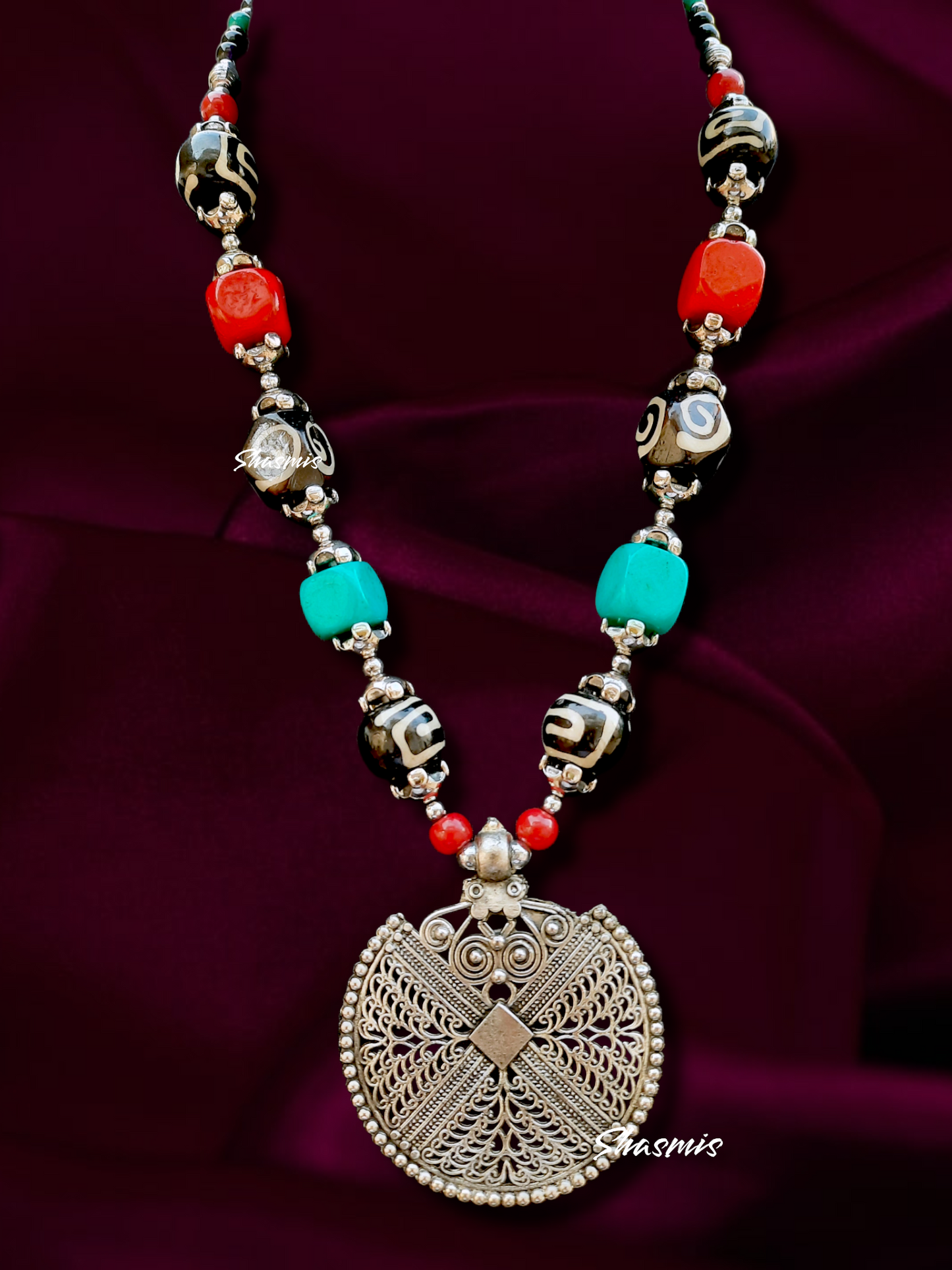 Long Silver Boho Fashion Necklace With Red and Blue Beads and Earrings