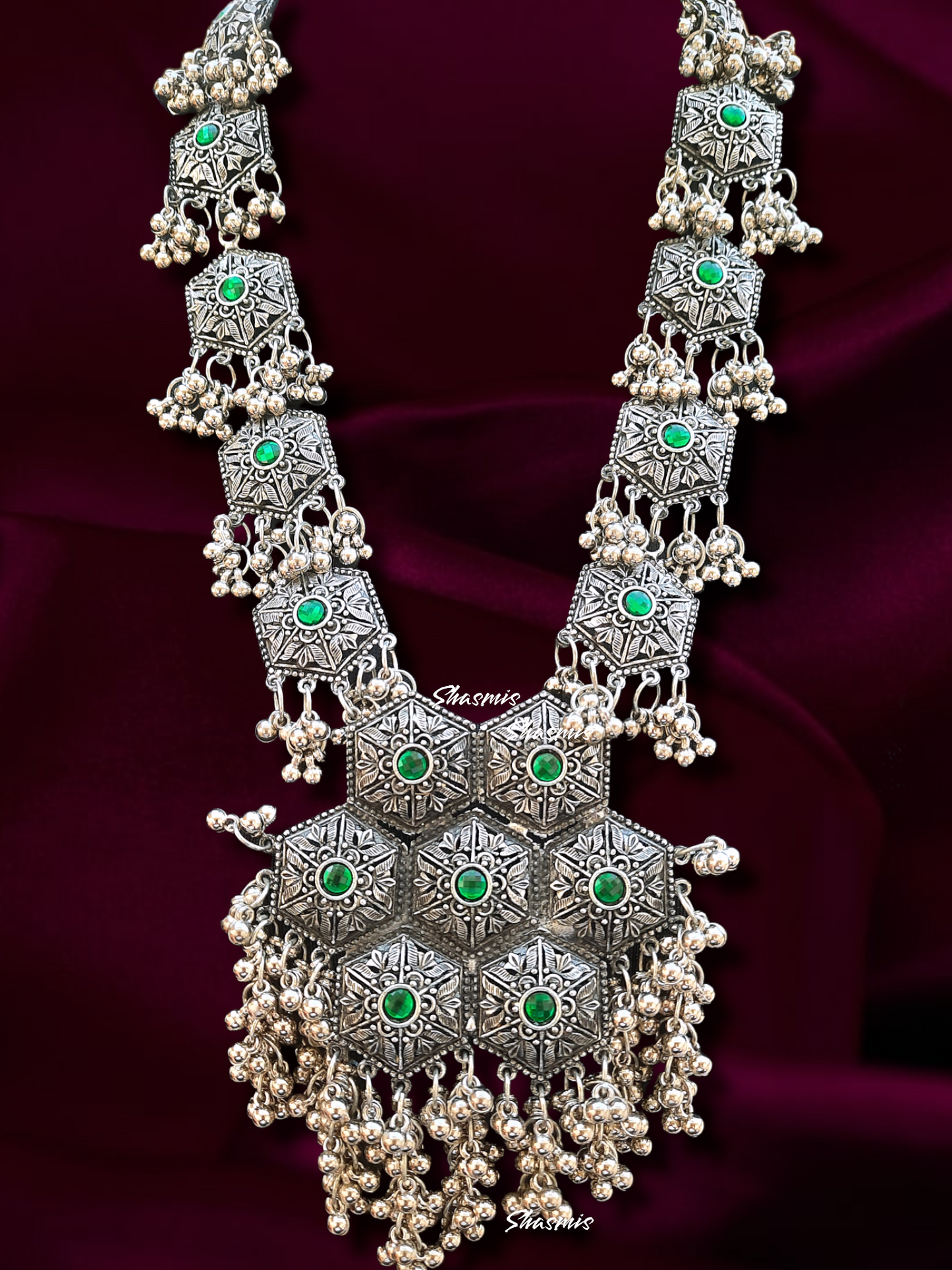 Long Silver Oxidised Green Stone Necklace With Ghungroo Design