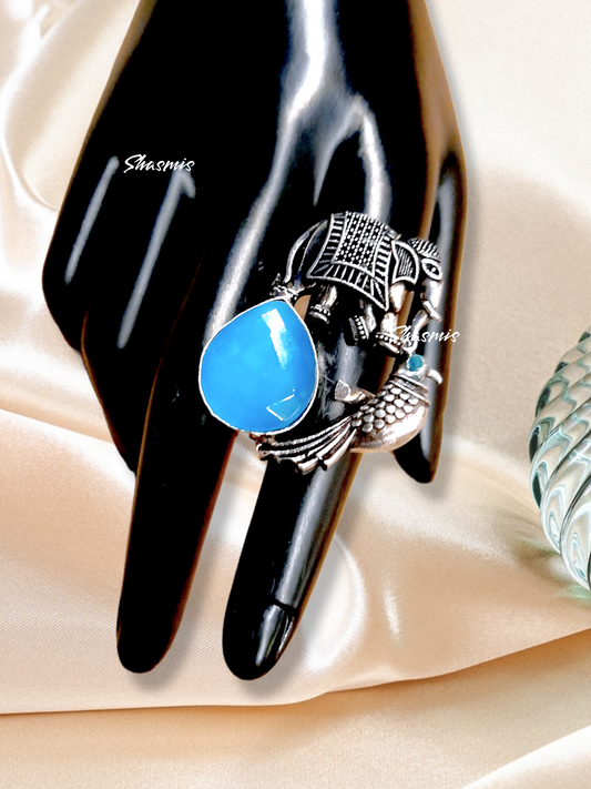 Blue Color Gemstome With Silver Elephant and Parrot Design Vintage Ring