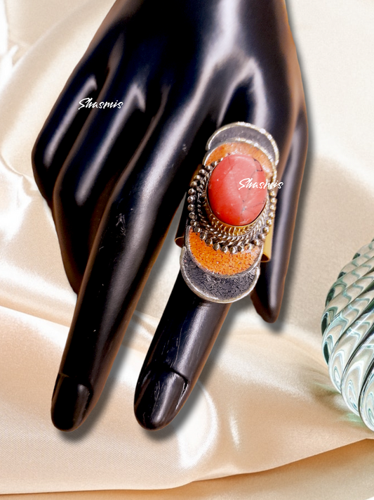 Red Centre Stone With Design Vintage Color Turkish Ring