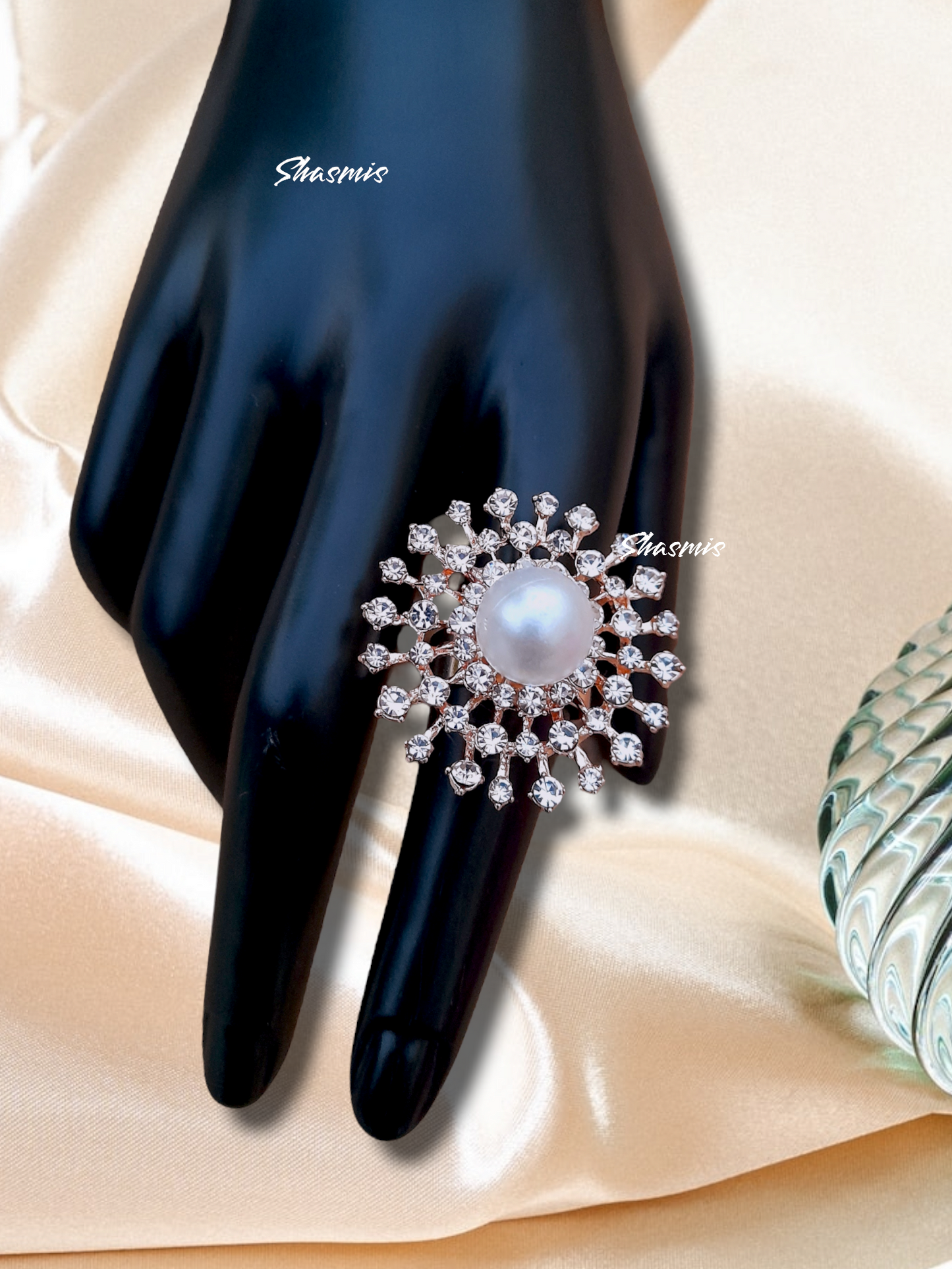 red Stone Flower Design With Centre Pearl Ring