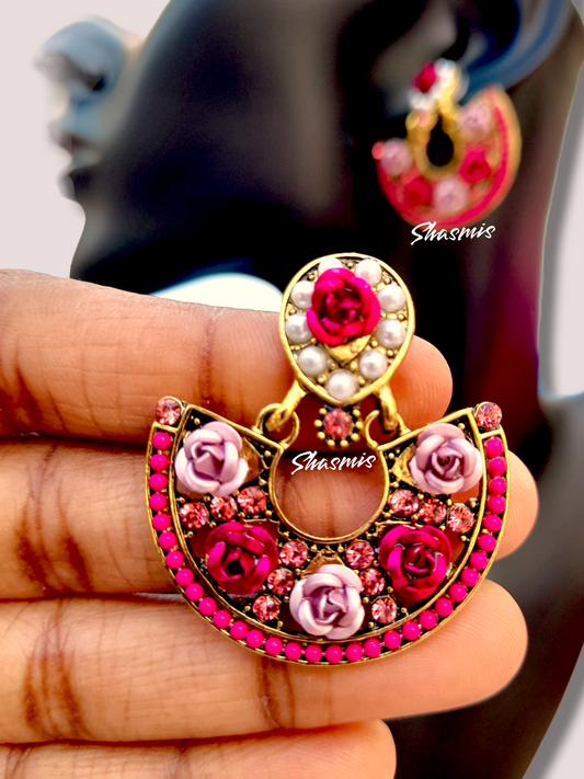 Pink Flower Georgous Chandbali Earrings