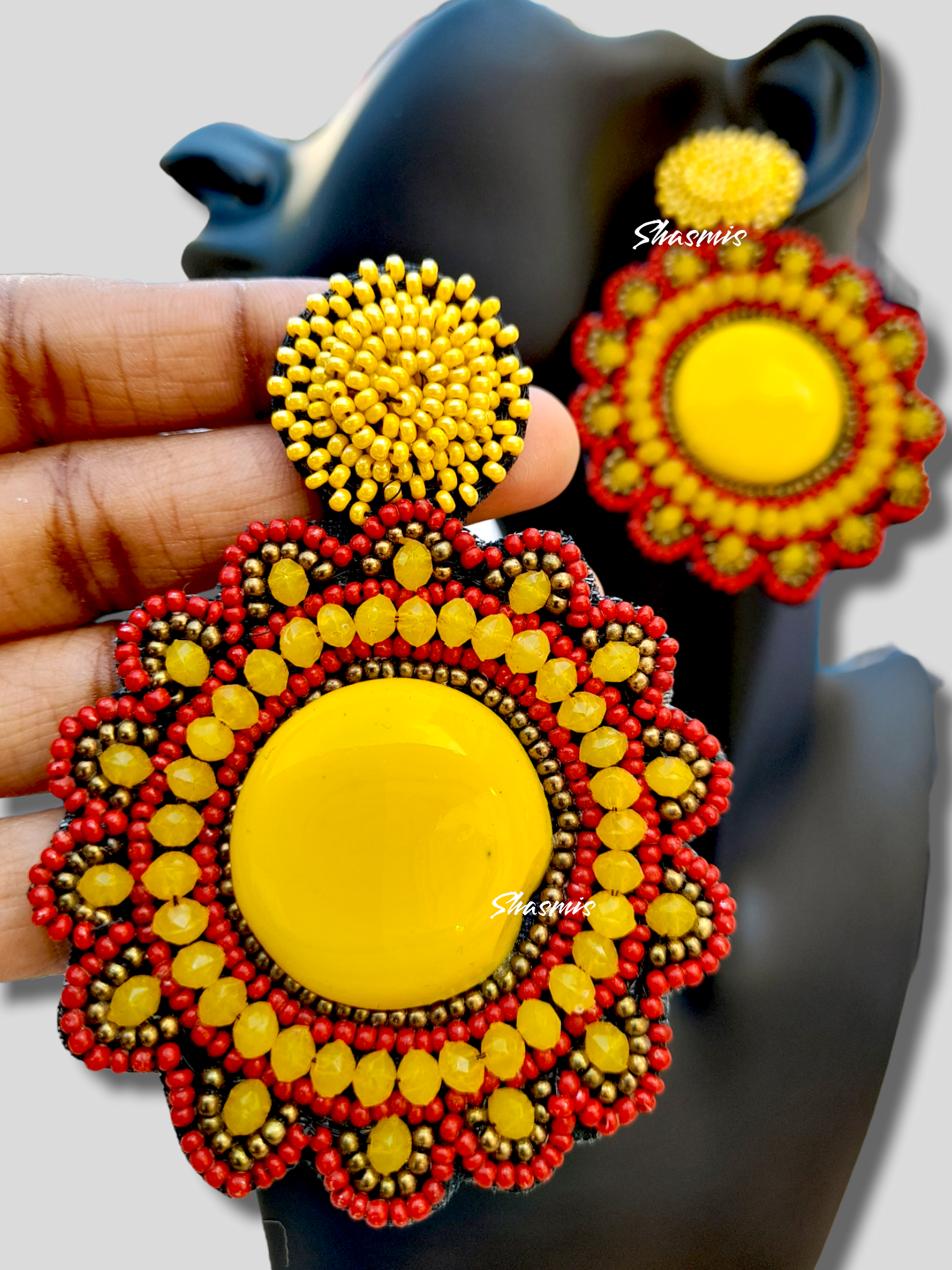 Yellow Stone In the Centre With Red Small Beads Earrings