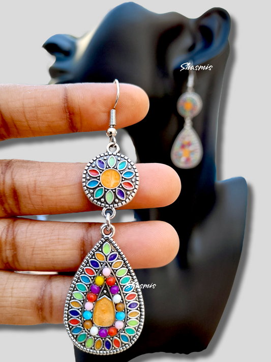 Multi Color Stones Long Drop Silver Earrings