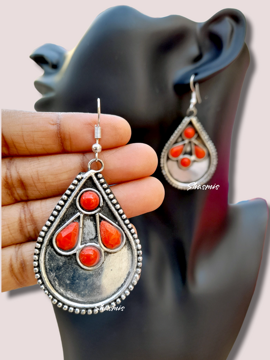 Orange Stone Silver Tear Drop Earrings