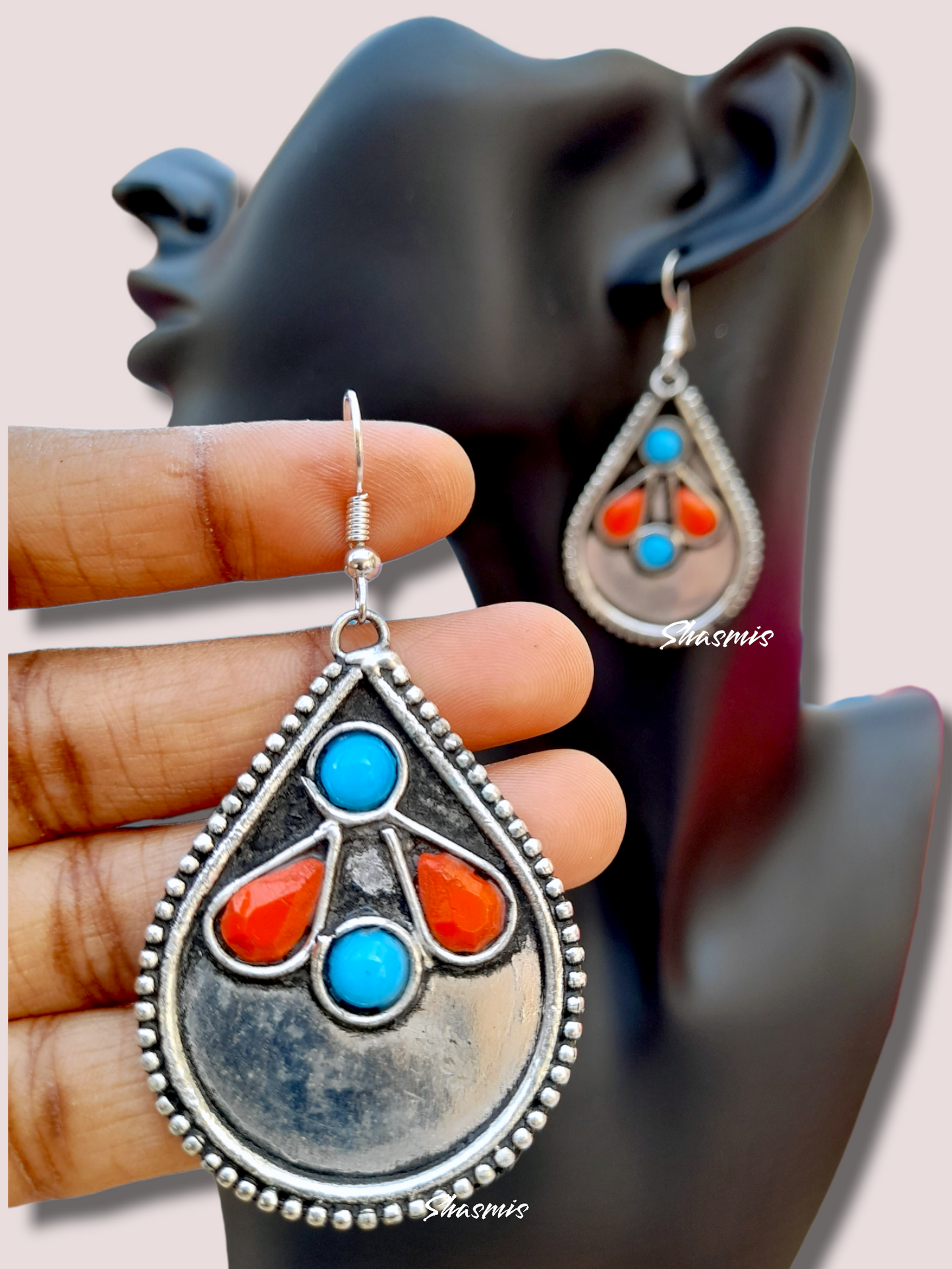 Red and Blue Stone Silver Earrings