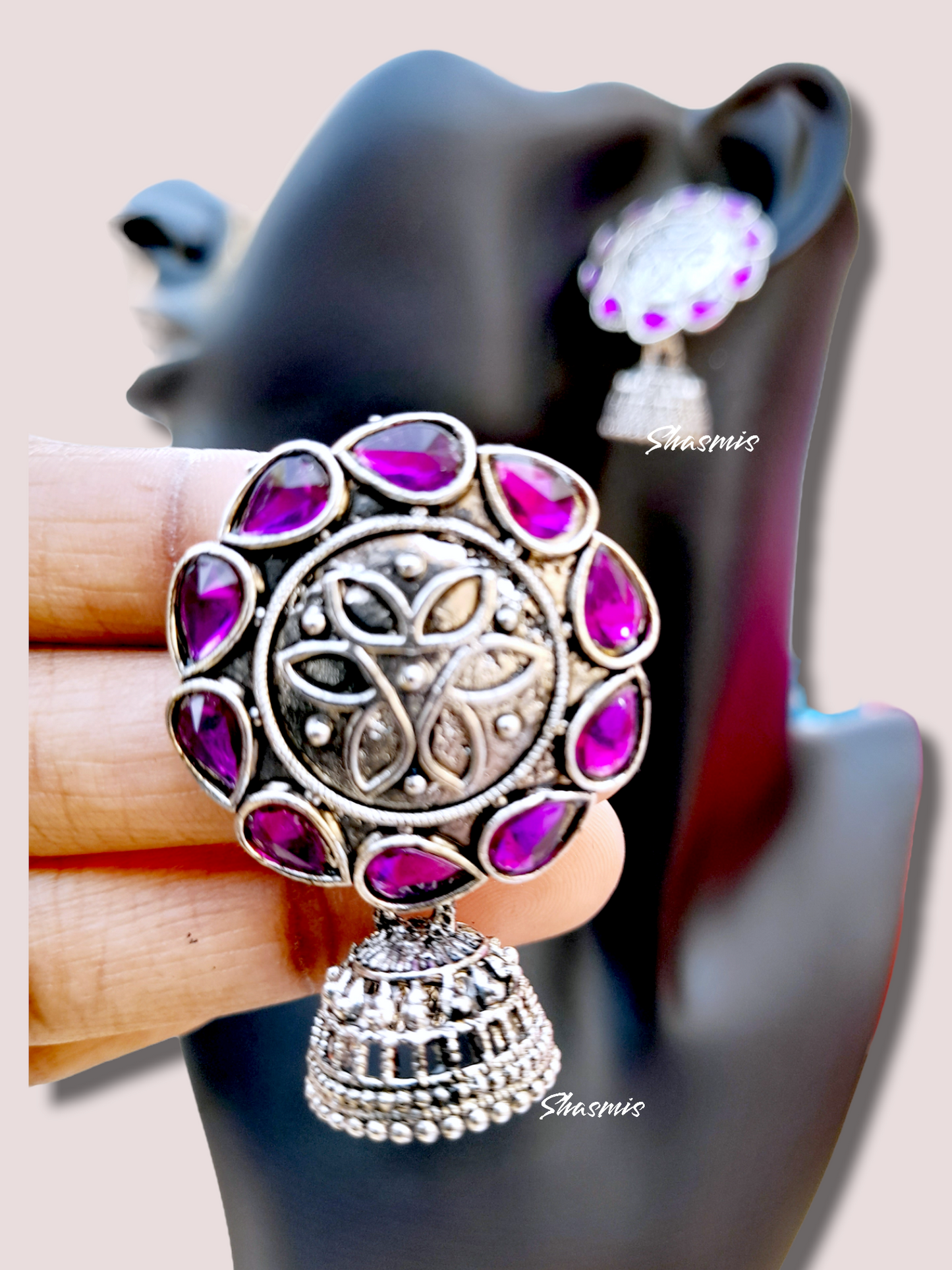 Purple Stone Jhumka On Drop Earrings