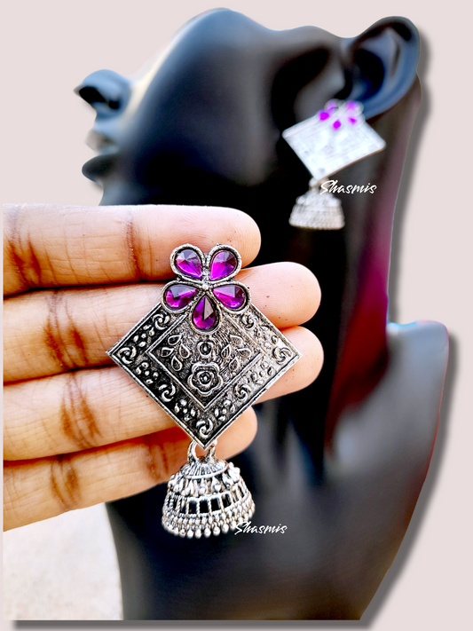 Purple Color Stone Silver Oxidised Jhumka Earrings