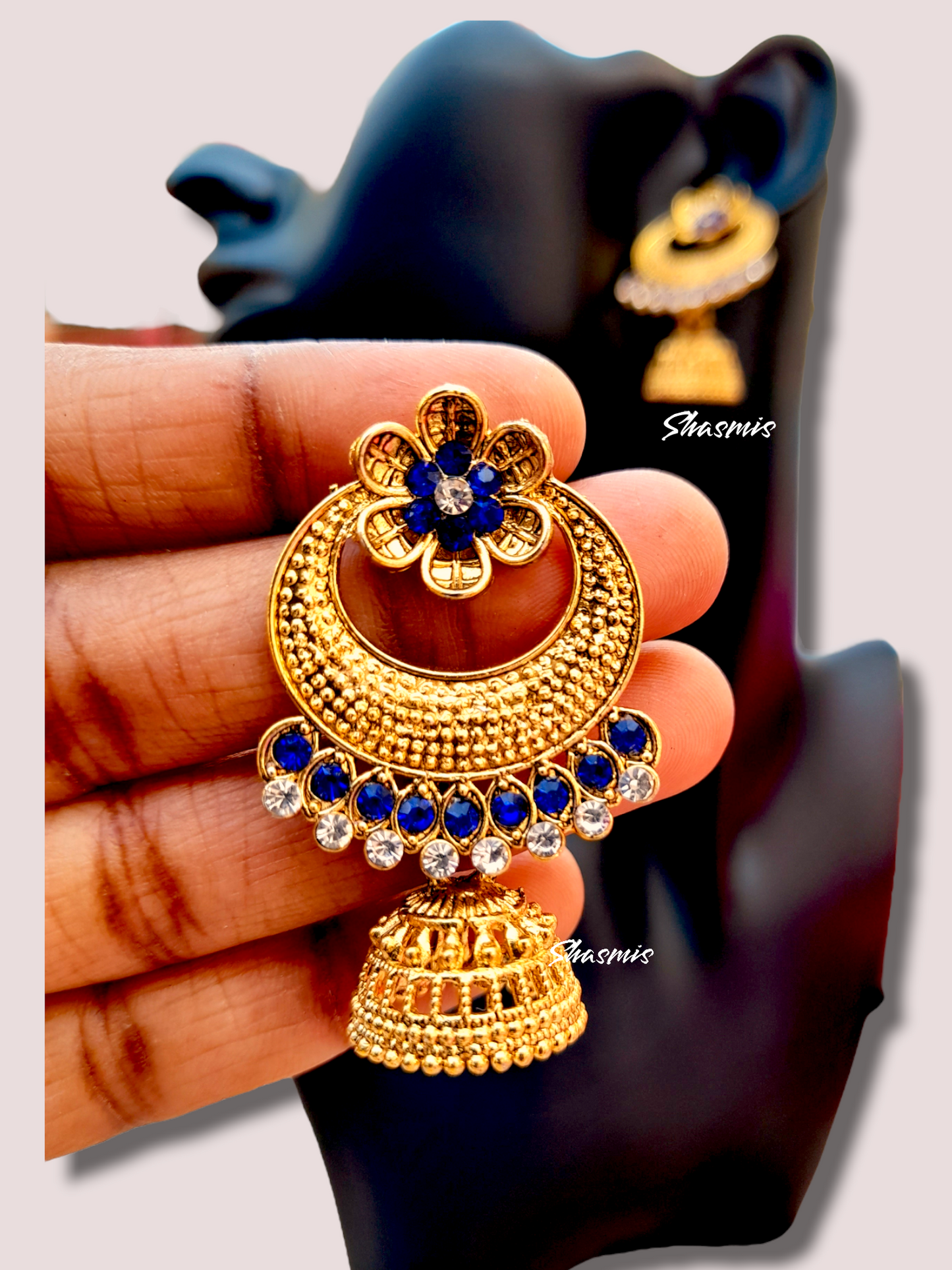 Blue Stone Flower Jhumka Earrings