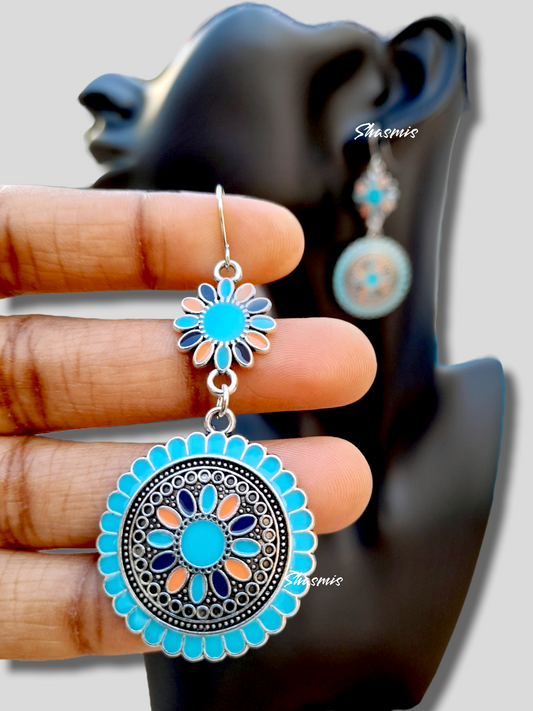 Blue Color Silver Oxidised Drop Earrings