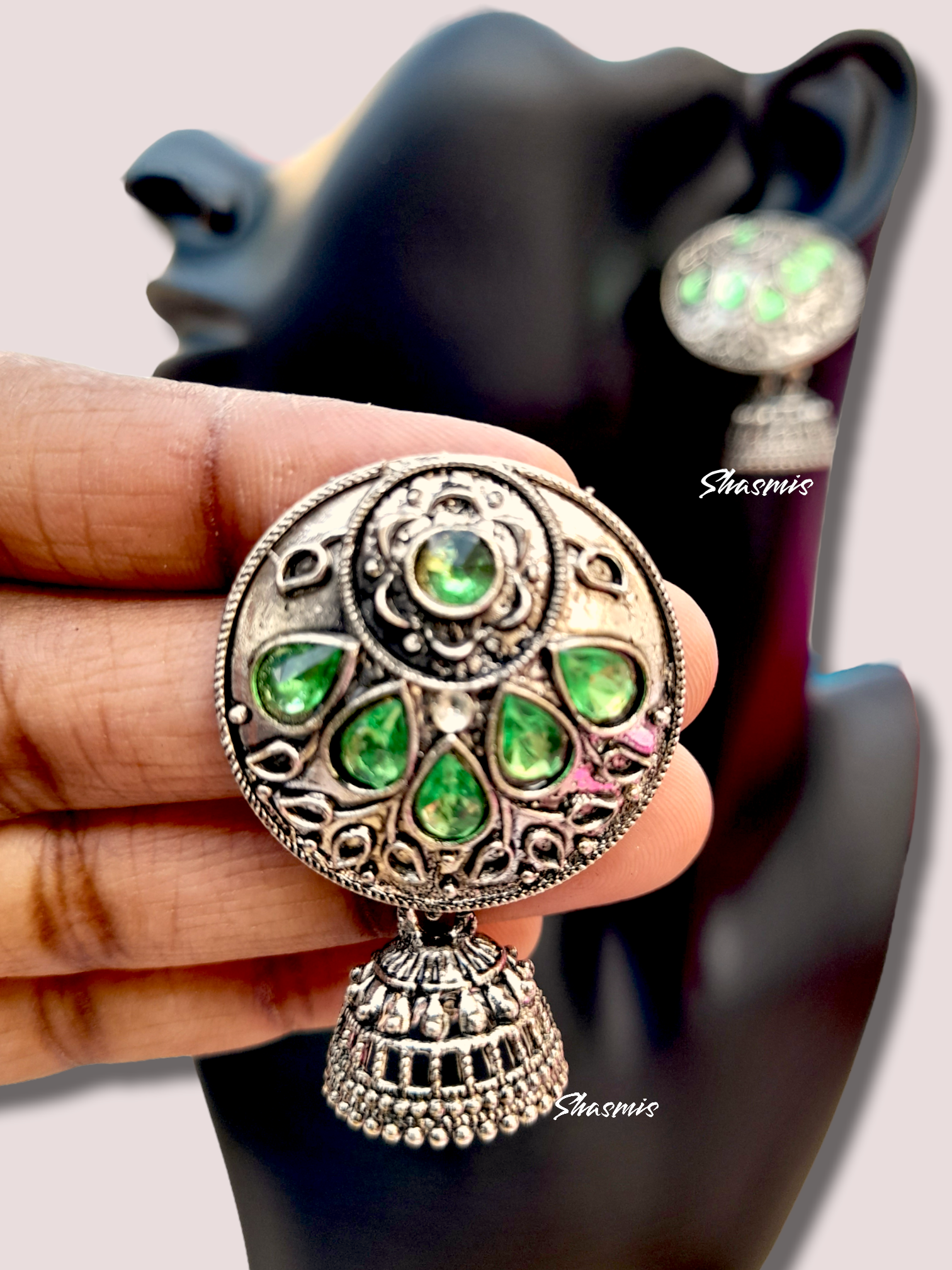 Green Color Stone Jhumka Silver Earrings