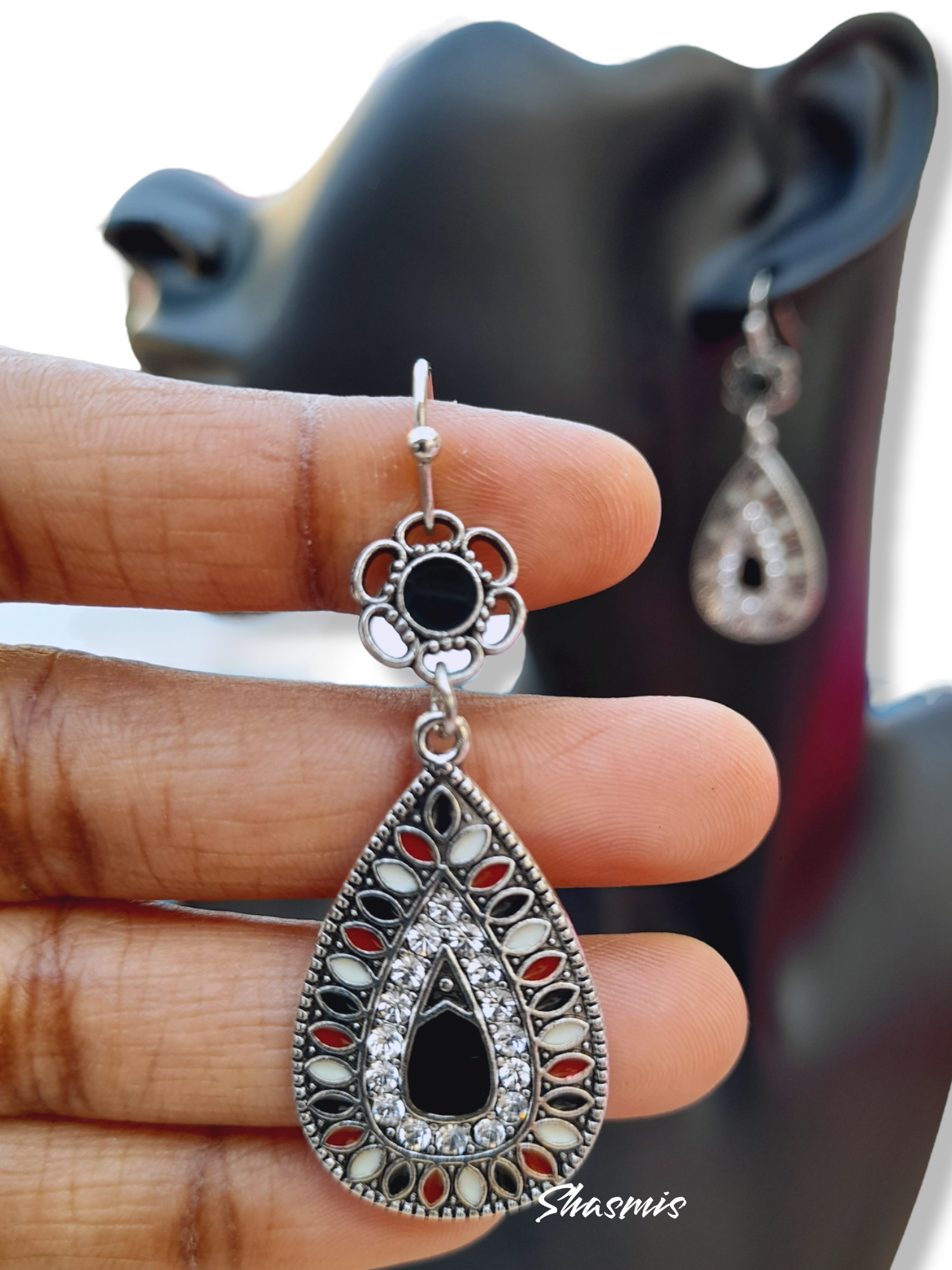 Black Flower On Top Tear Drop Long Earrings