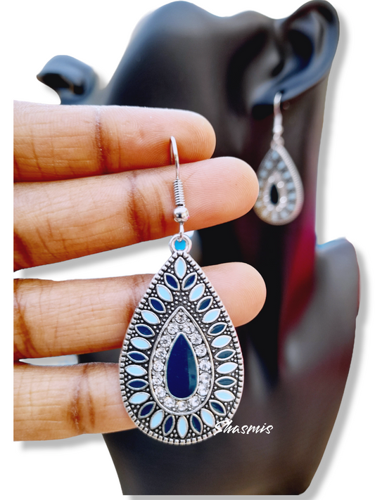 Green Color Centre Stone Tear Drop Shape Earrings