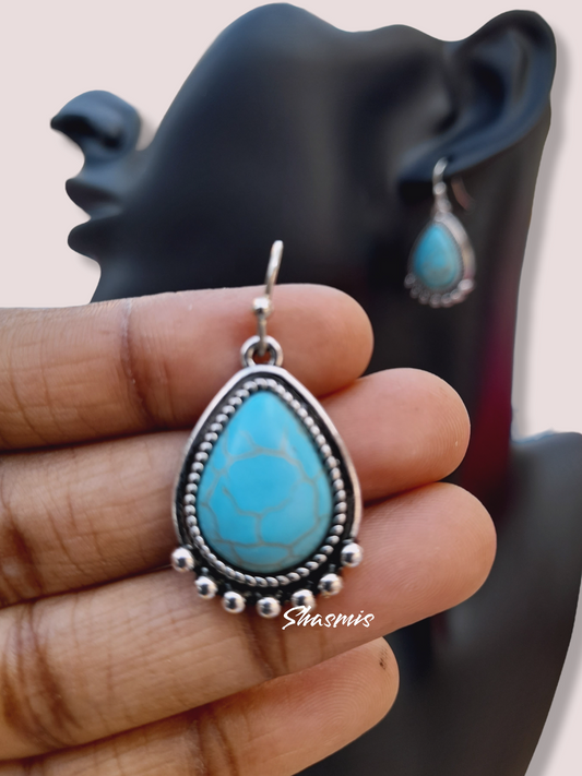 turquoise Color Stine Silver Tear Drop Earrings