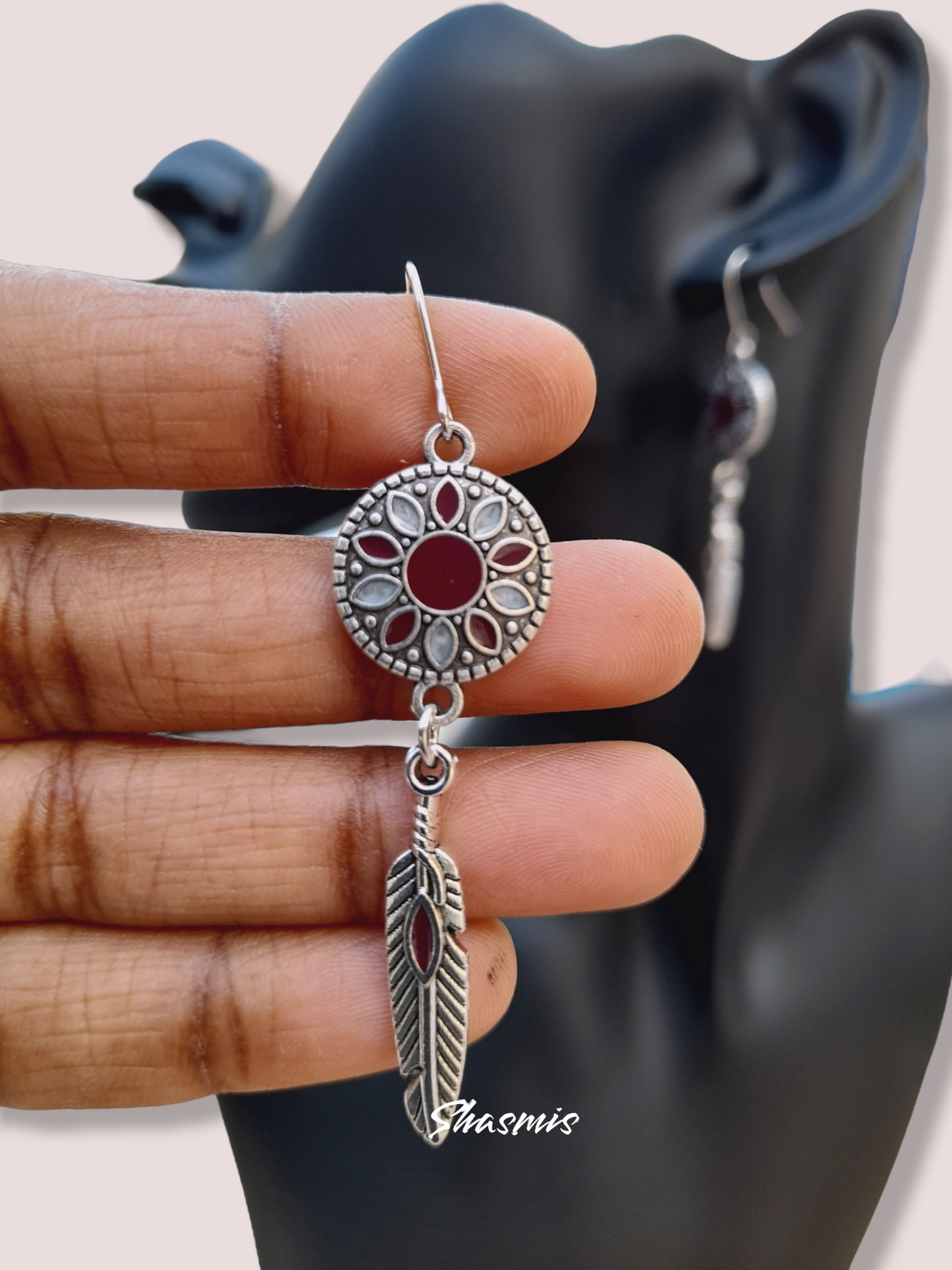 Red Color Tribal Silver Long Drop Earrings