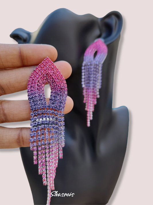 Purple and Blue Shade Rheinstone Long Drop Earrings