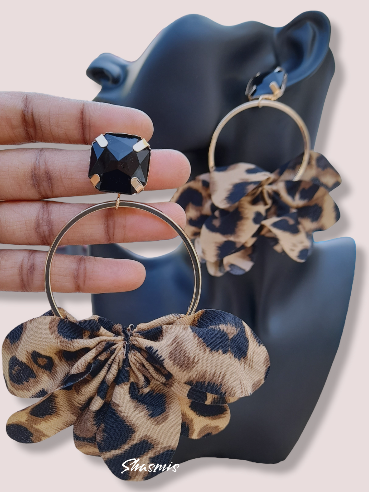 Cheetah Printed Cloth Earrings With Black Rheinstone 