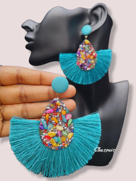 Blue Color Crystal Tread Design Earrings