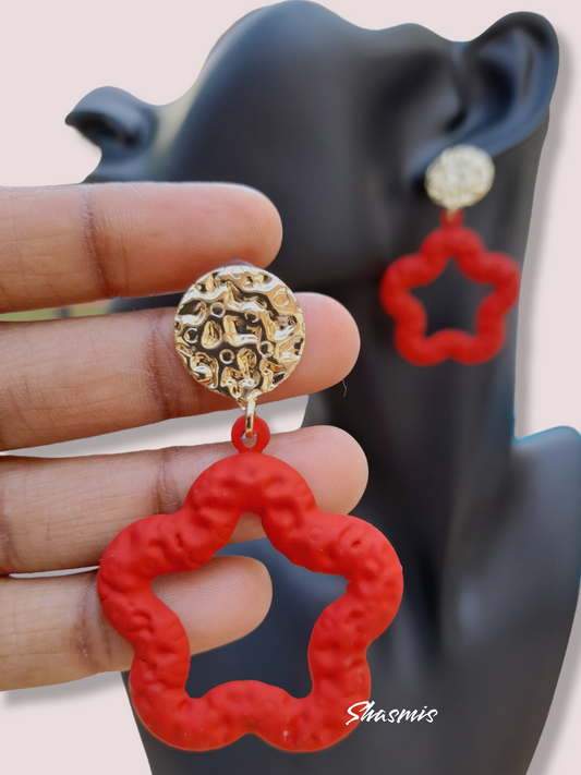Red Color Star Matt Finish on Drop Earrings