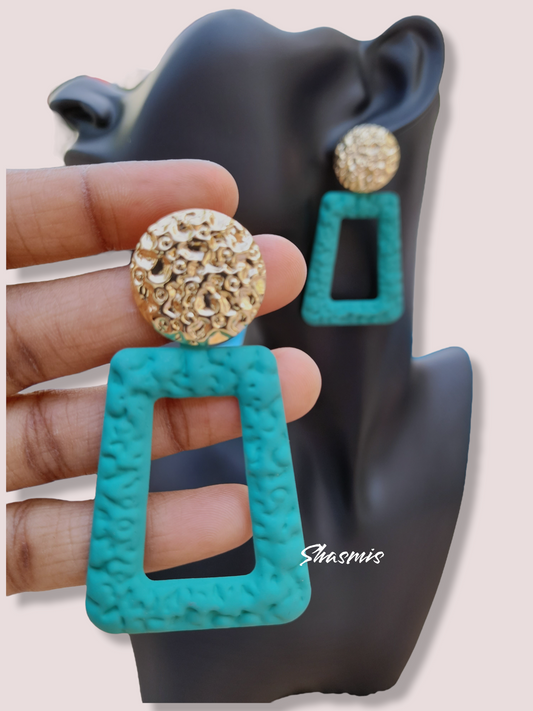 Square Long Drop Rama Blue Color Matt Finish Earrings