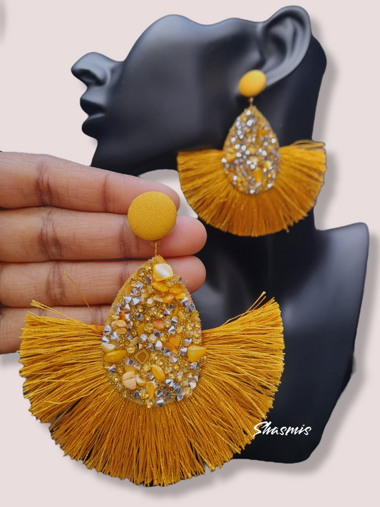 Mustard Color Crystal Tear Drop Shape Earrings With Tread Design 