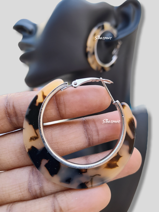 Black and Beige Color Hoop Earrings