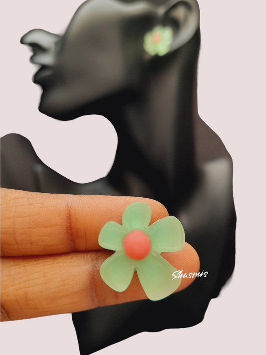 Neon Green And Pink Color Small Flower Stud Earrings