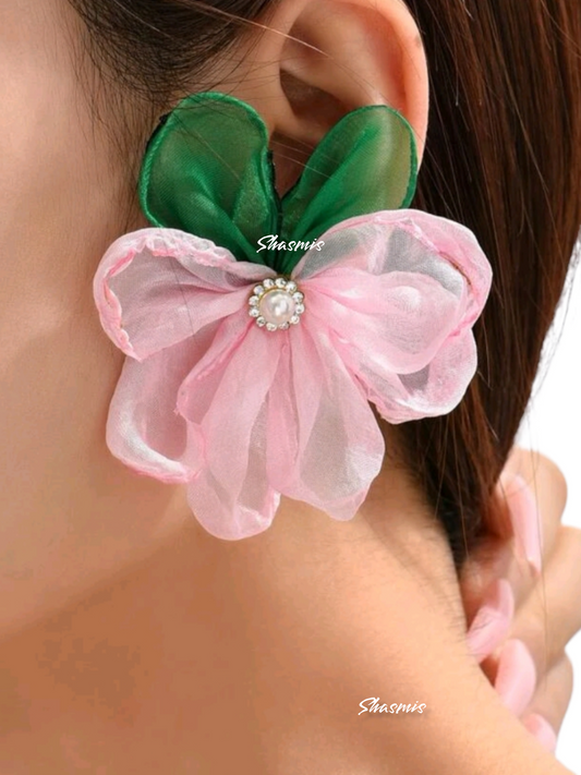 Pink and Green Cloth Stud Earrings