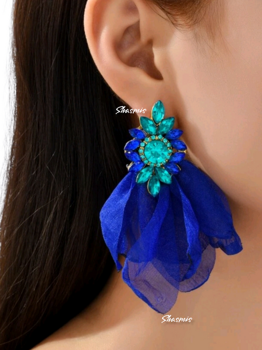 Blue Color Cloth On Drop With Diamond Stud Earrings