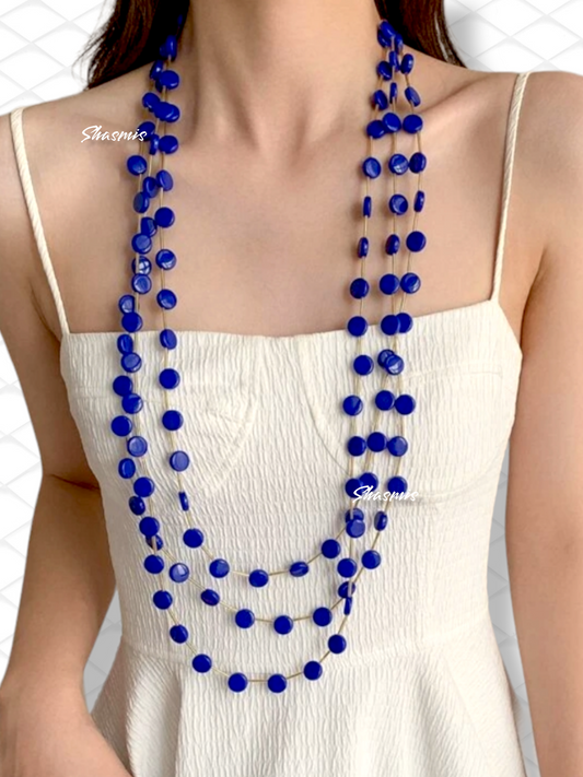 Blue Color Long Layer Beads Necklace 