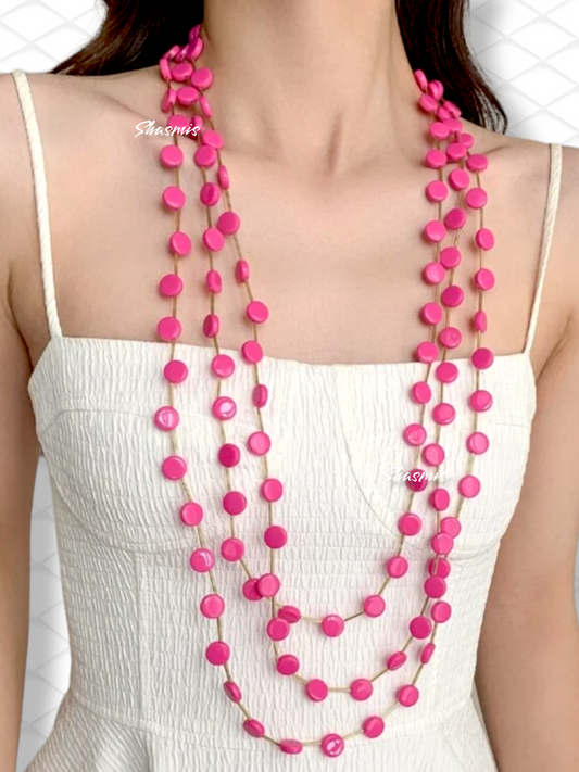 Pink Color Long Layer Beads Necklace 