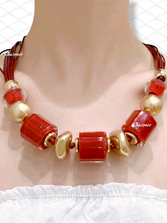 Red and Golden Beads Fusion Necklace