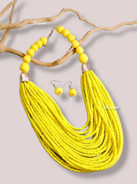 Lemon Color Layer Wooden Necklace With Earrongs