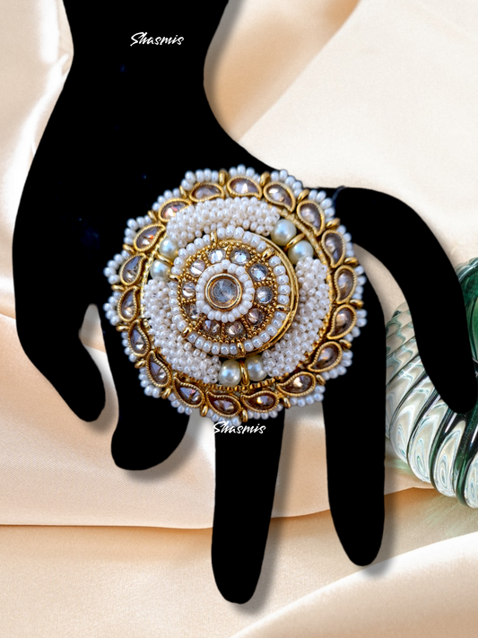 Small Pearls Beads Wide Kundan Design Gold Plated Ring