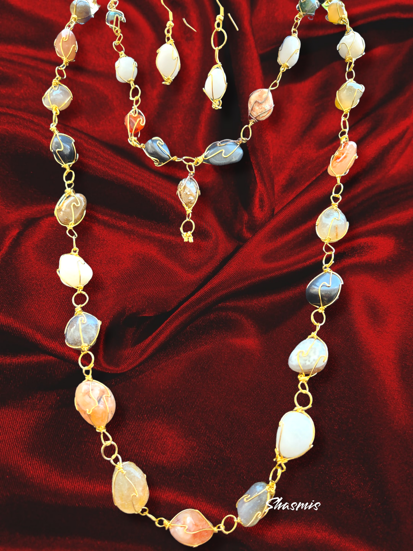 Stone With Double Layer Gold Plated Necklace and Earrings