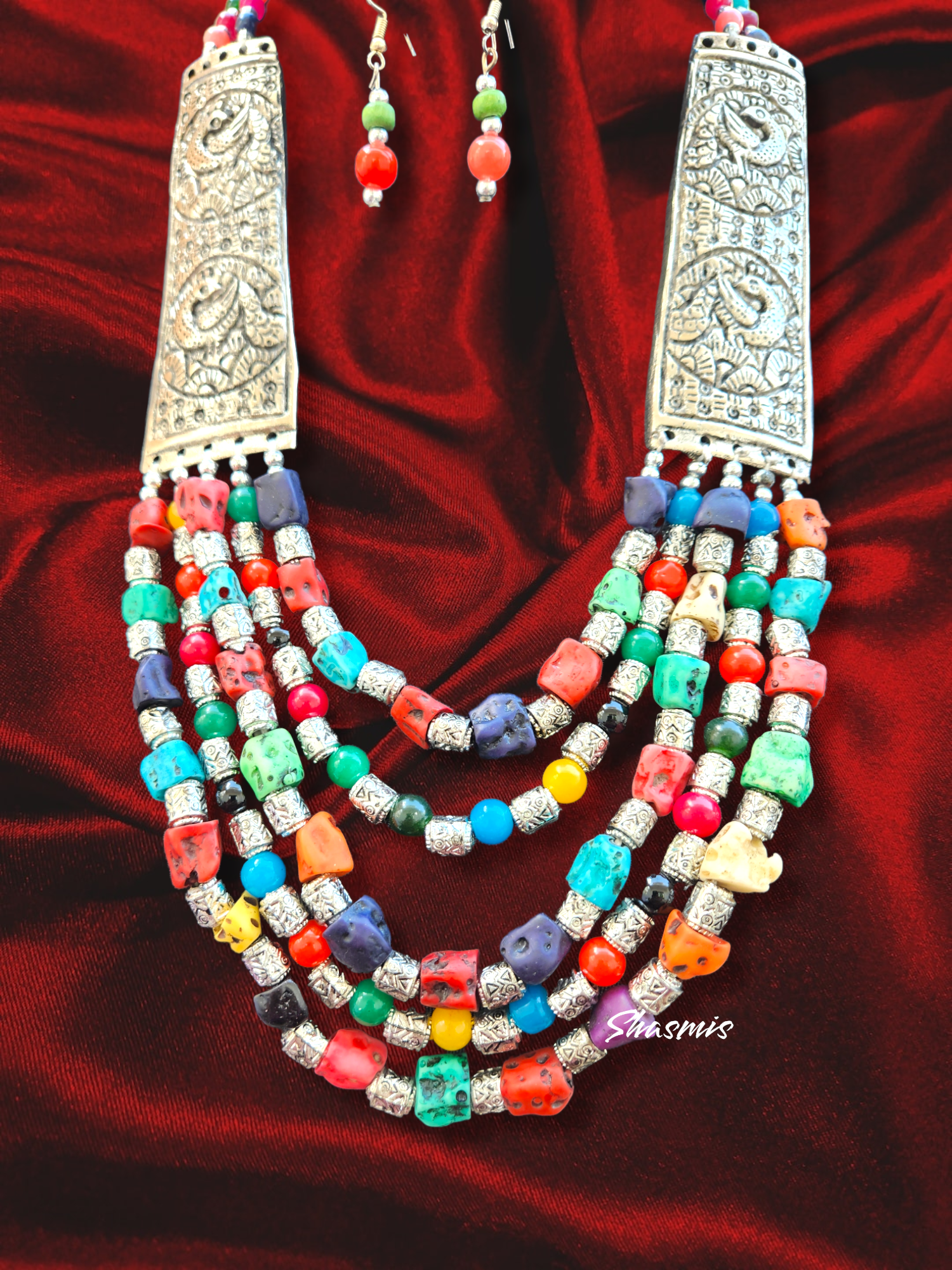 Multi Color Stone and Silver Metal Design Necklace With Earrings