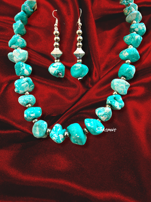 Sea Blue Color Stones Necklace with Earrings