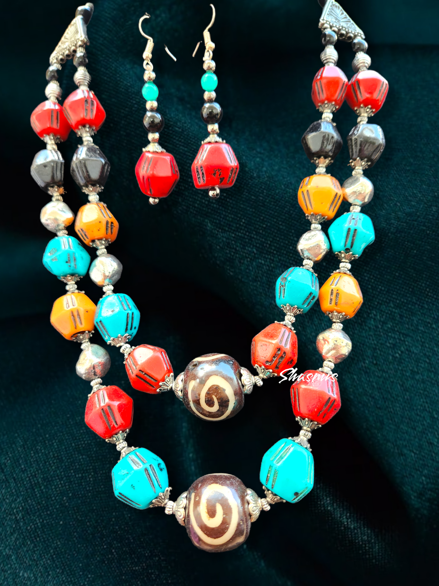 Multi Color Wide Beads Double Layer Boho Fashionable Necklace With Earrings