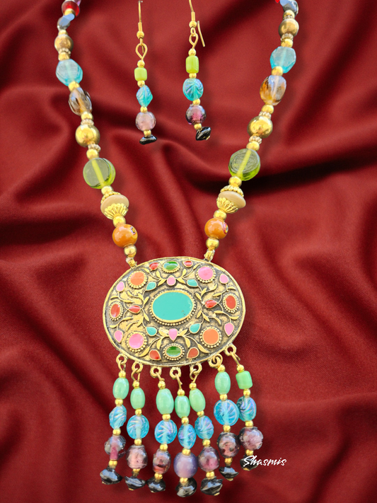 Long Multi Color Beads And Pendant Necklace With Earrings