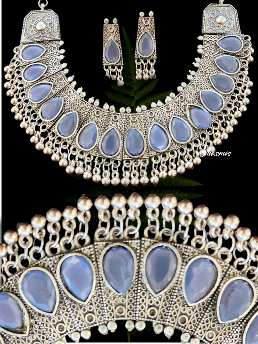 Grey Stone Silver Oxidised Statement Necklace