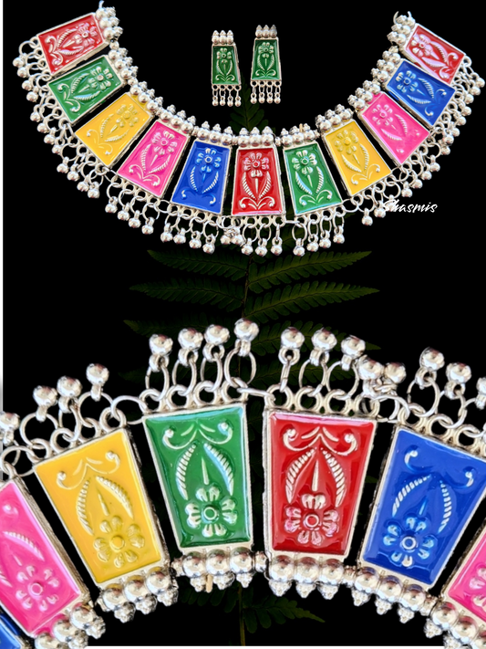 Flower Design Multicolor Statement Silver Oxidised Necklace With Earrings