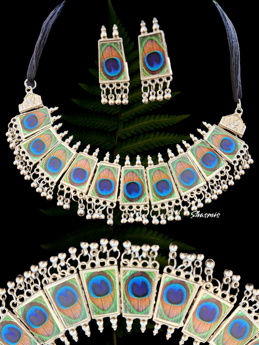 Peacock Feather Statement Silver Necklace 
