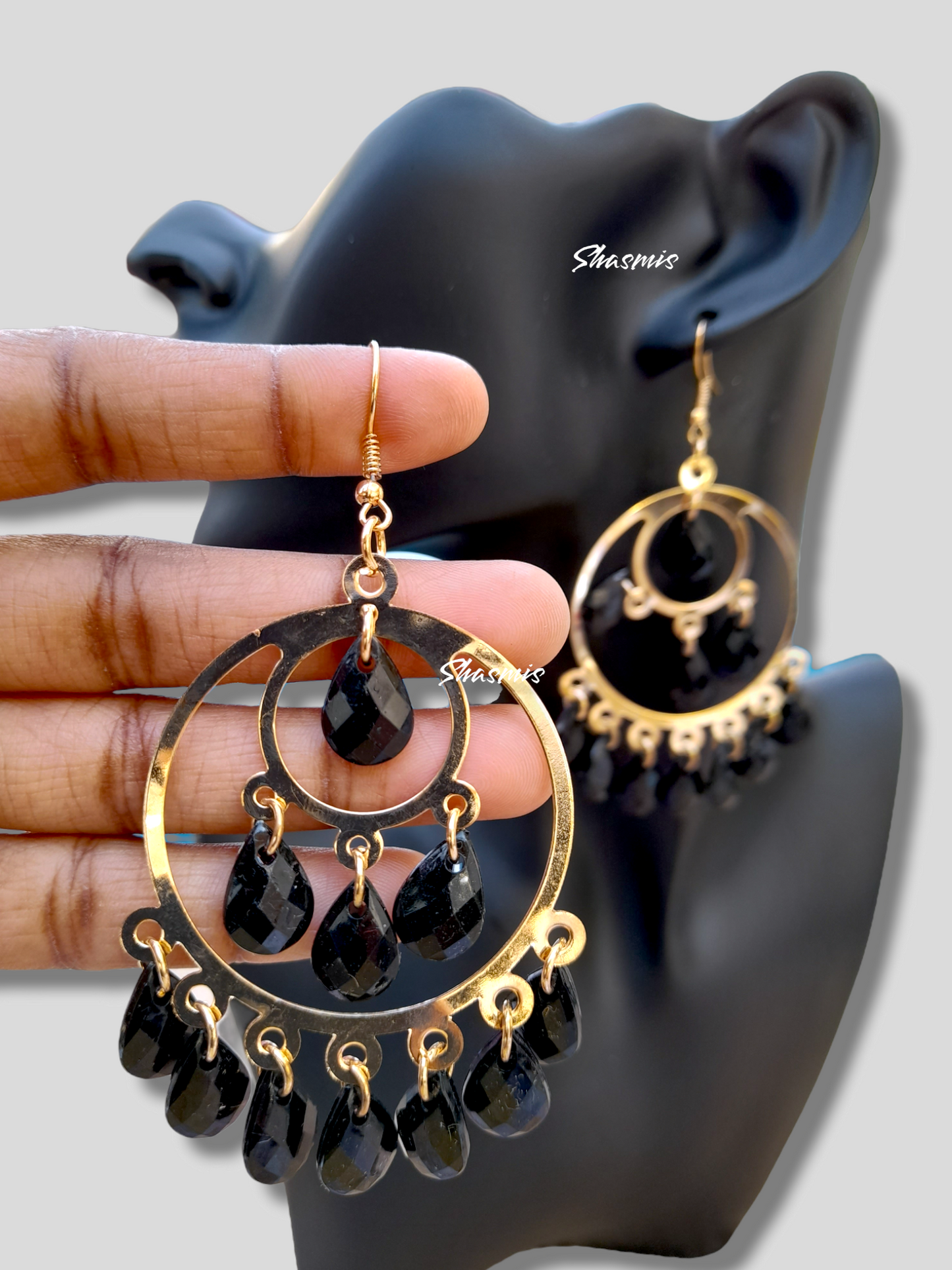 Black Pearls On Drop Gold Plated Wide Earrings