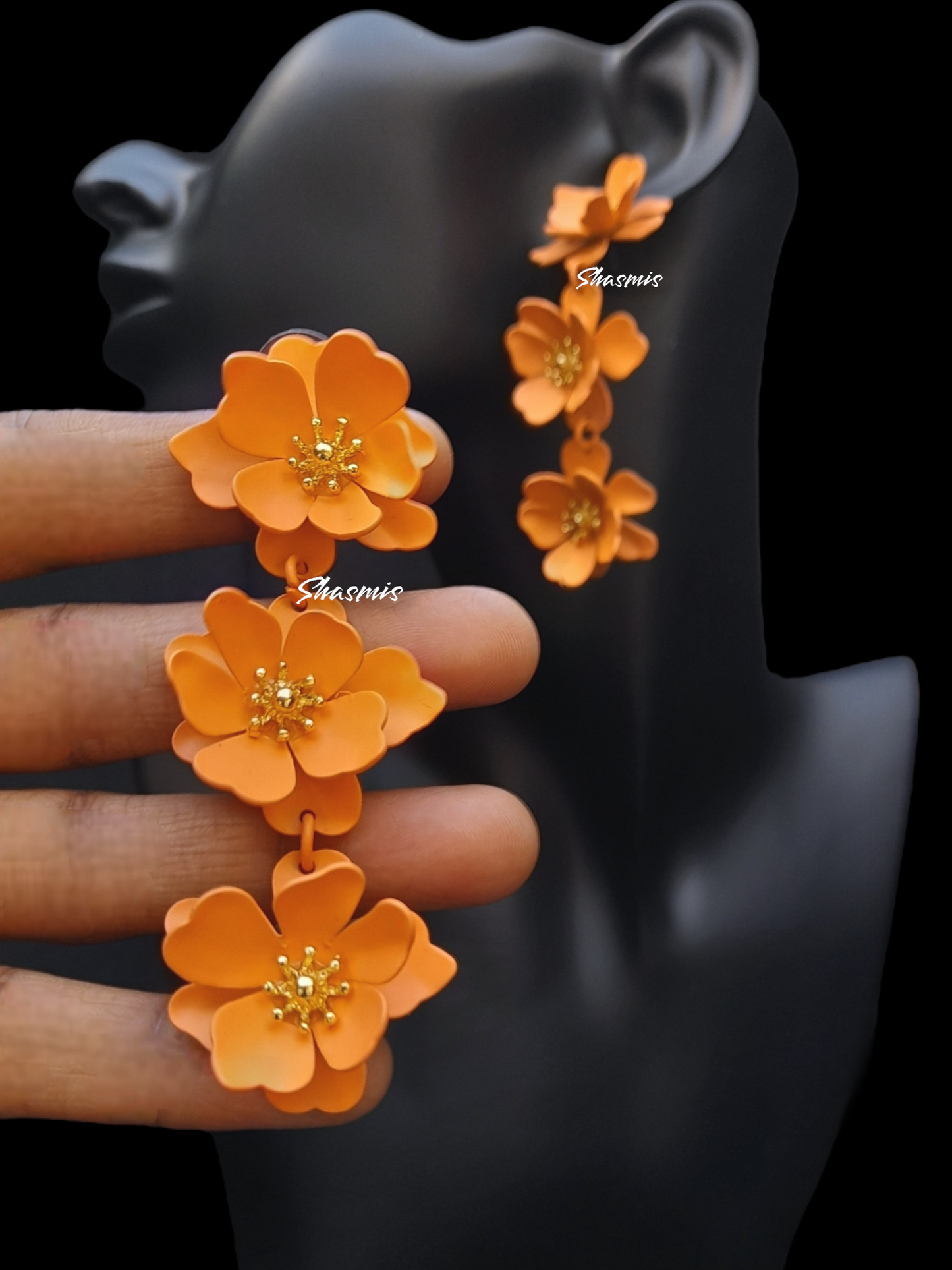 Orange Color Long Drop Flower Design Gold Plated Fashion Earrings