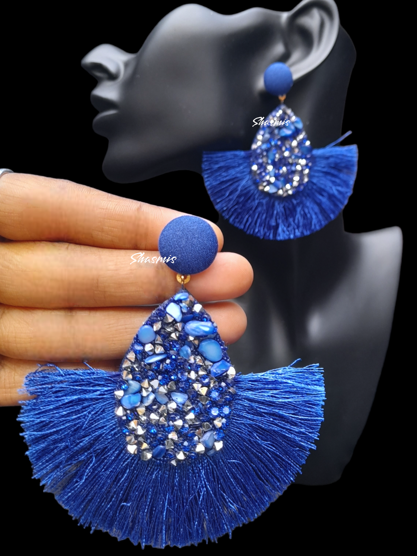 Blue Crystal Tear Drop Tread Earrings