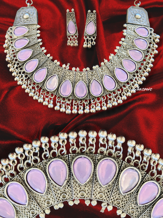 Purple Color Stones Silver Oxidised Statement Necklace 