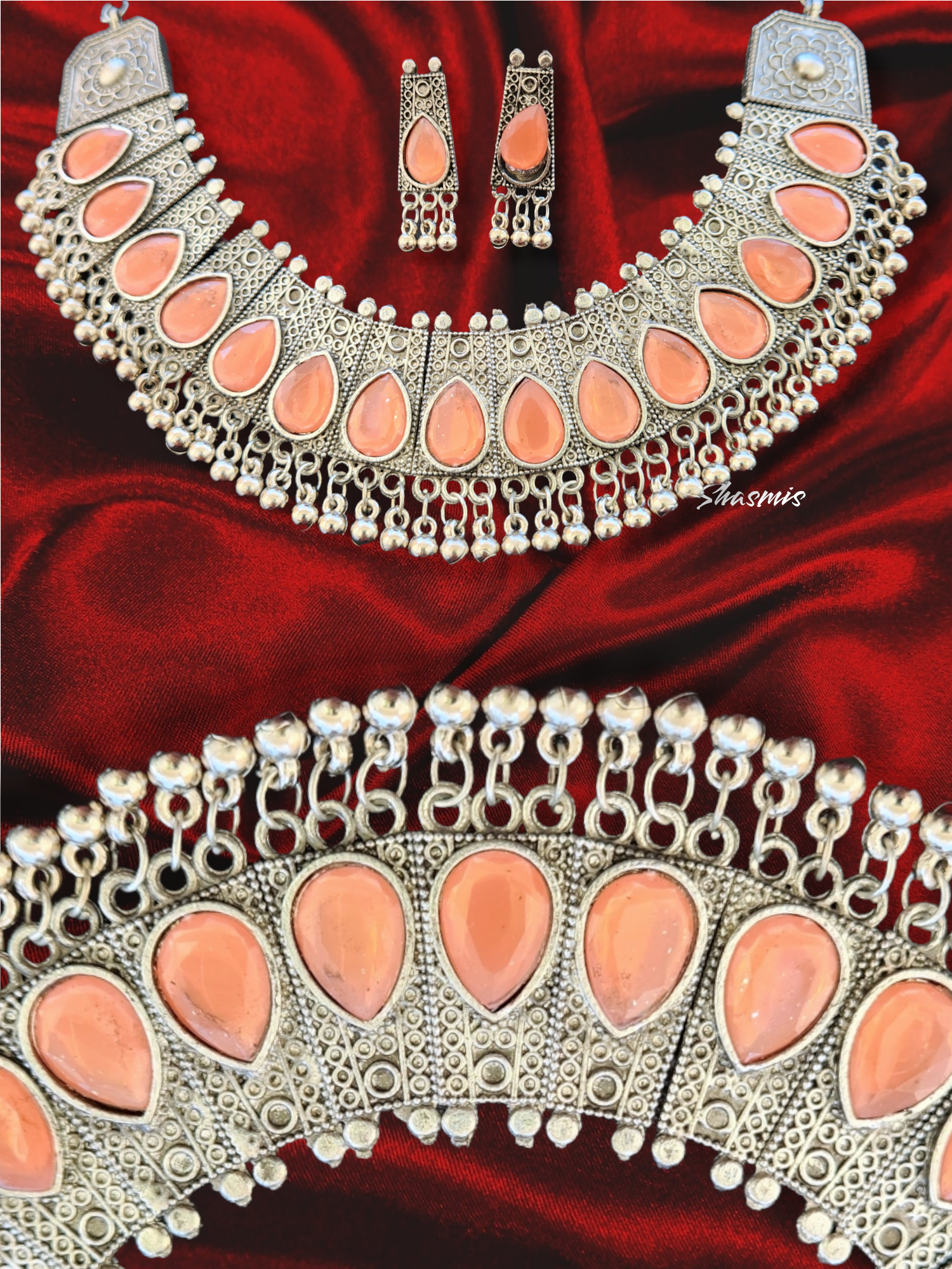 Orange Color Stone Silver Statement Necklace
