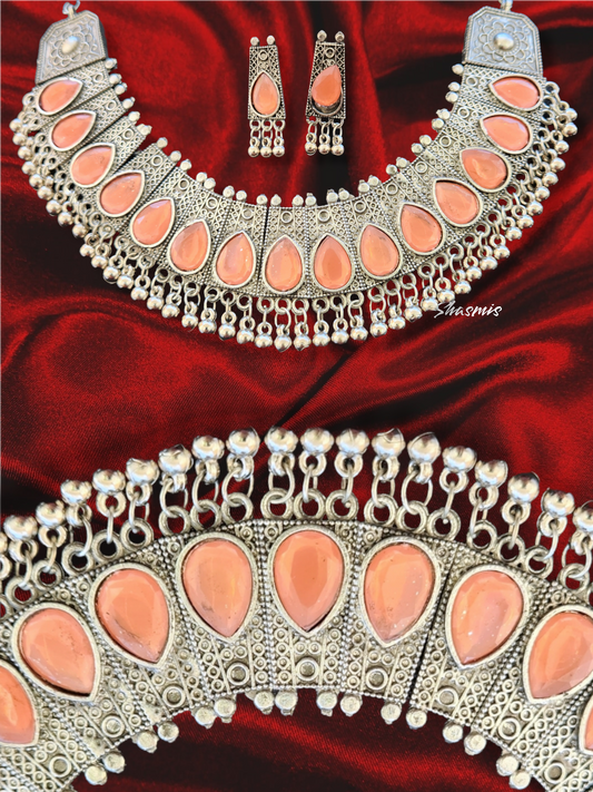 Orange Color Stone Silver Statement Necklace